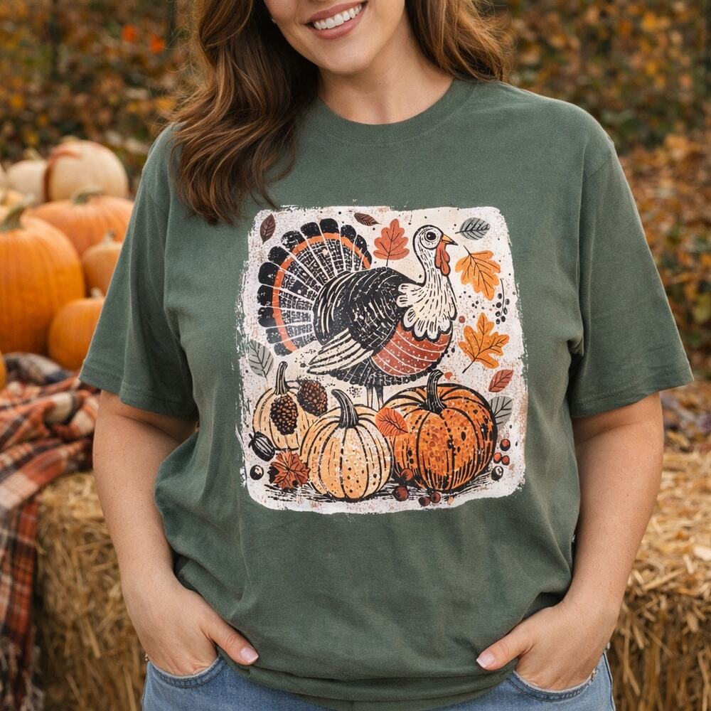 NEW Comfort Colors Olive Green Fall Turkey Pumpkin Graphic Tee Shirt Women’s Med